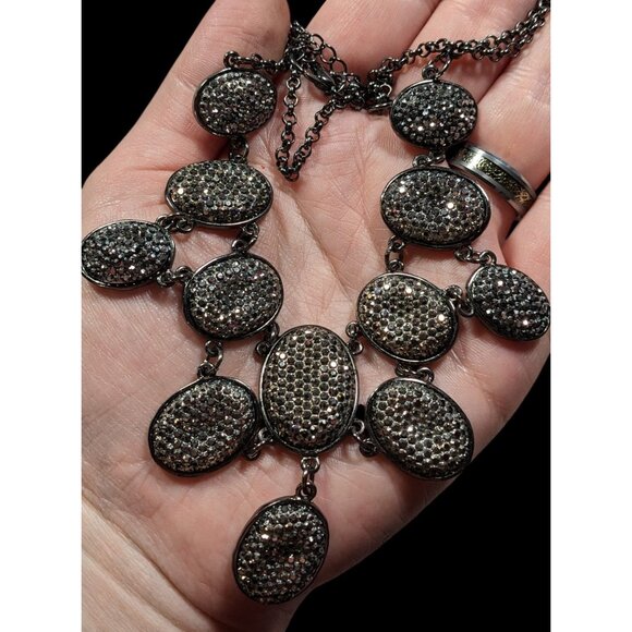 Glam Goth Sparkly Pave Silver Tone Rhinestone Bib Necklace - Picture 3 of 6